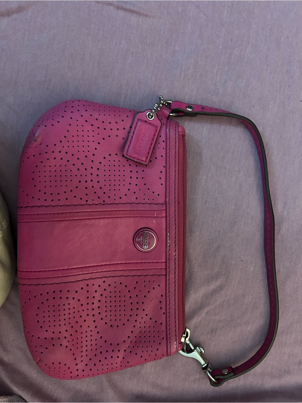 Coach Fuchsia Perforated Leather Wristlet